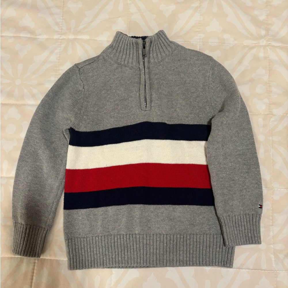 Tommy Hilfiger Quarter Zip Sweater - Gray with Navy White Red Stripes